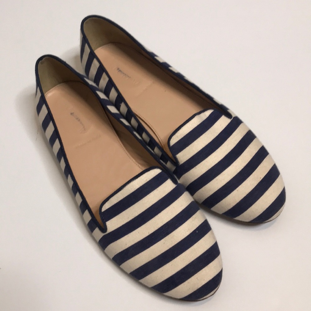 J Crew Navy and White Stripe Fabric loafers